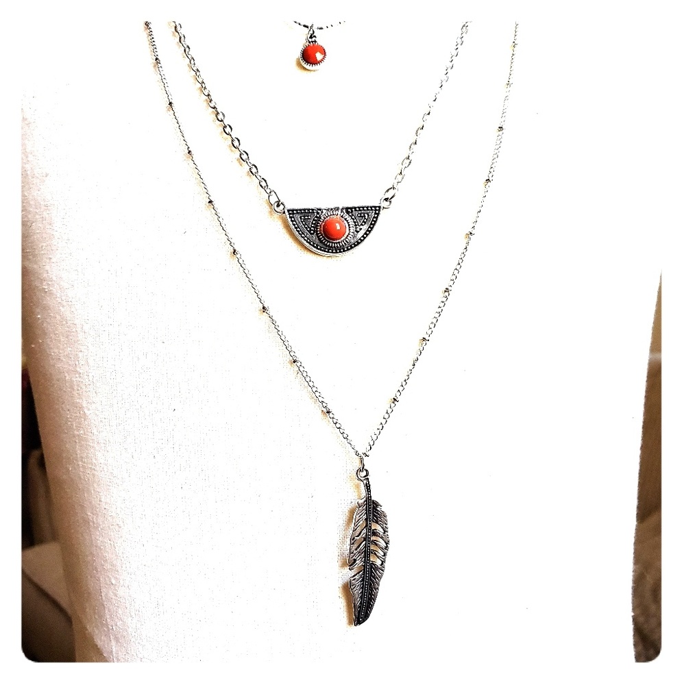 Feather charm necklace and earrings set